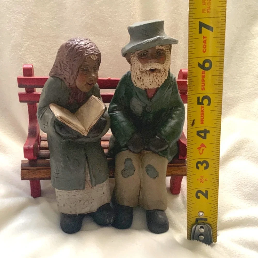 Vintage Folk Art Elderly Couple Reading on Park Bench Figurine 7.5